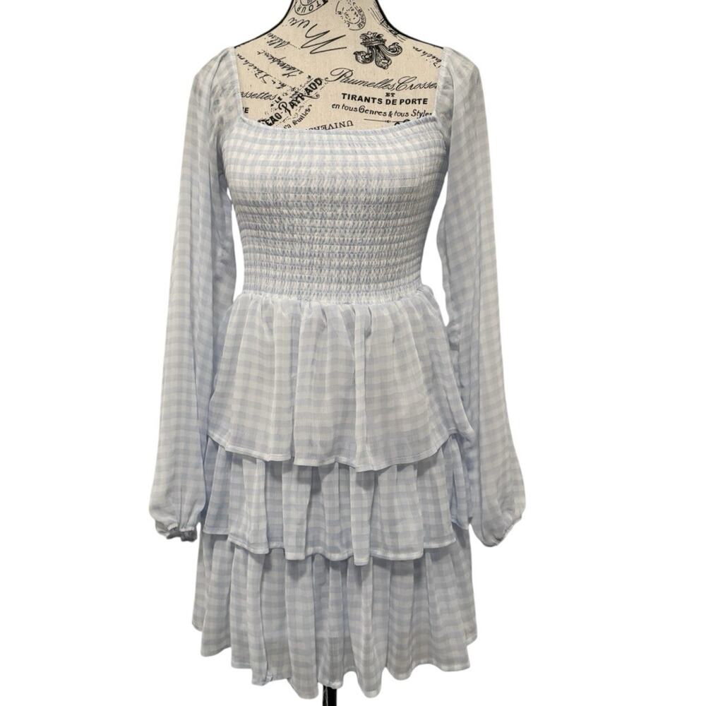 Steve Madden NYC Size Small Dress Ruffle Tiered Blue White Plaid long sleeve